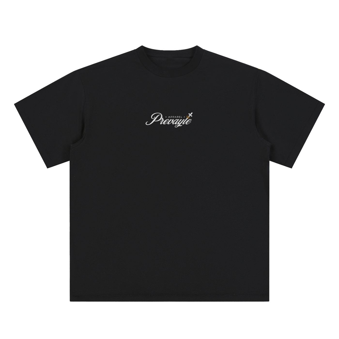 Black t-shirt with 'Prevayle' logo on a white background