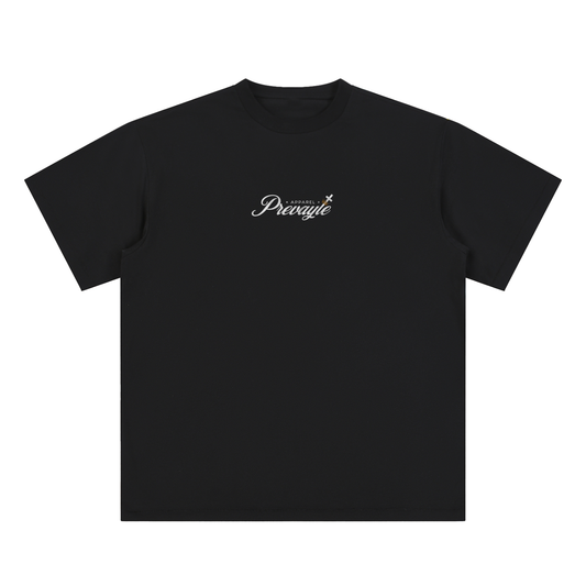 Black t-shirt with 'Prevayle' logo on a white background